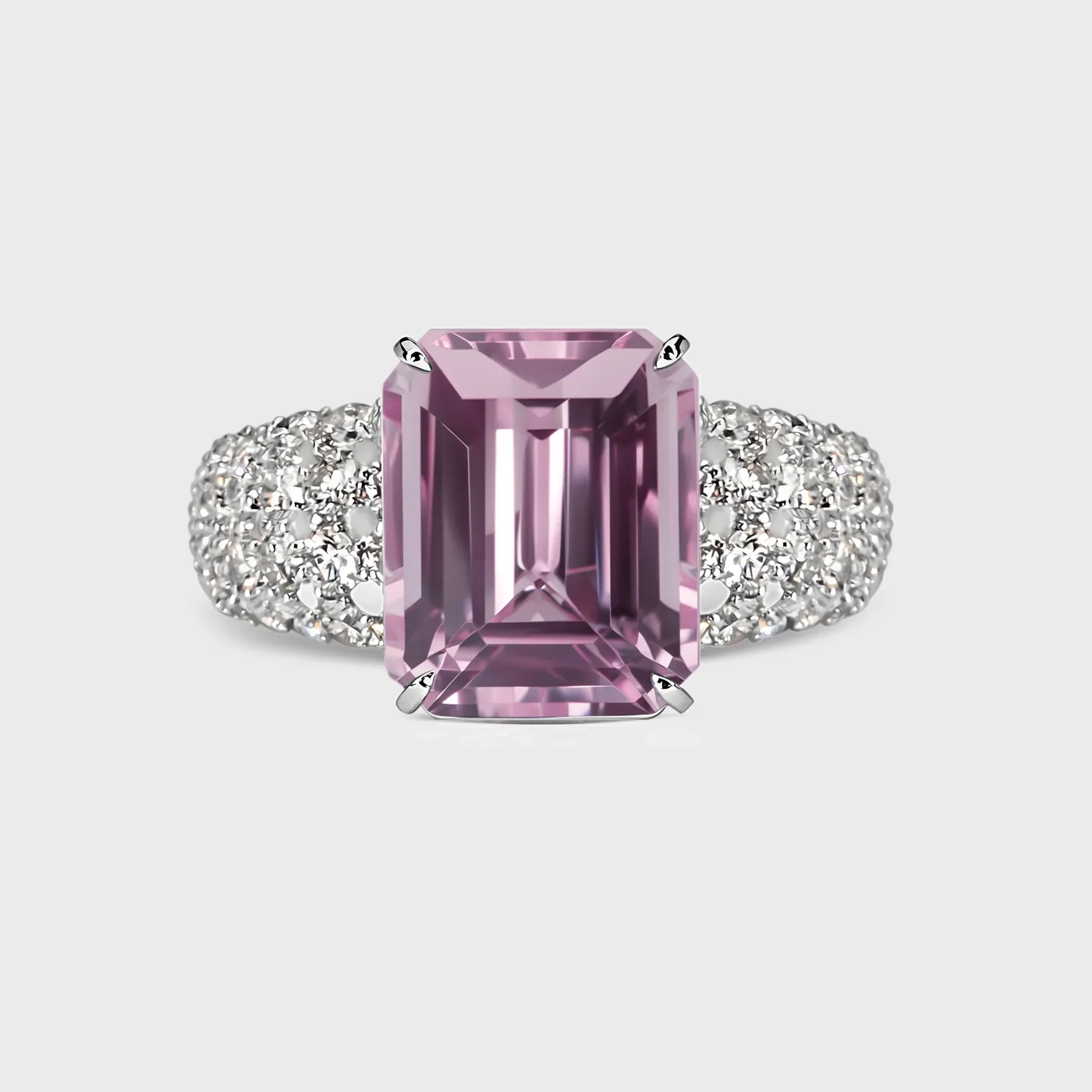 Sorteny Morganite white gold ring by ValeOro with an emerald-cut pink morganite and pavé diamond shoulders, front view