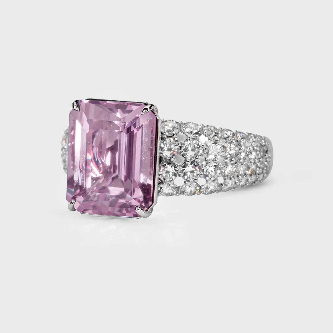 Sorteny Morganite white gold ring by ValeOro with an emerald-cut pink morganite on a pavé diamond band, three-quarter view