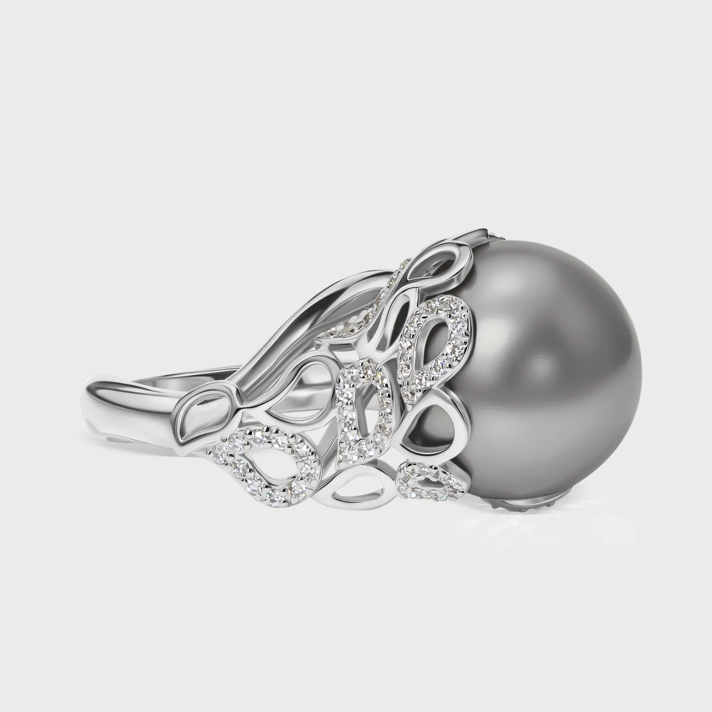 Rangiroa Black white gold ring by ValeOro with a grey-black pearl framed by openwork diamond scrolls, detail view