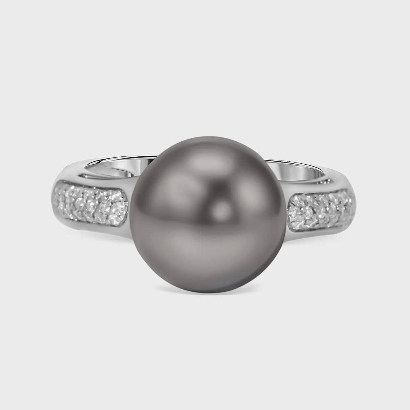 Katiu Black white gold ring by ValeOro with a round grey pearl and pavé diamond shoulders, front view