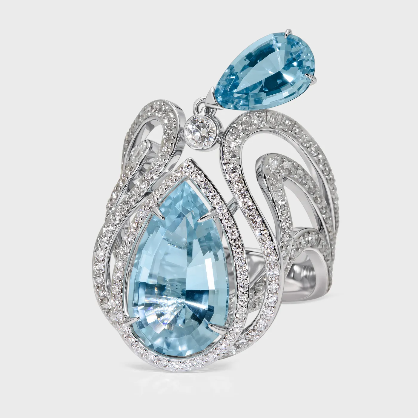 Arinsal white gold ring by ValeOro with a pear-shaped aquamarine drop and openwork diamond setting, side view