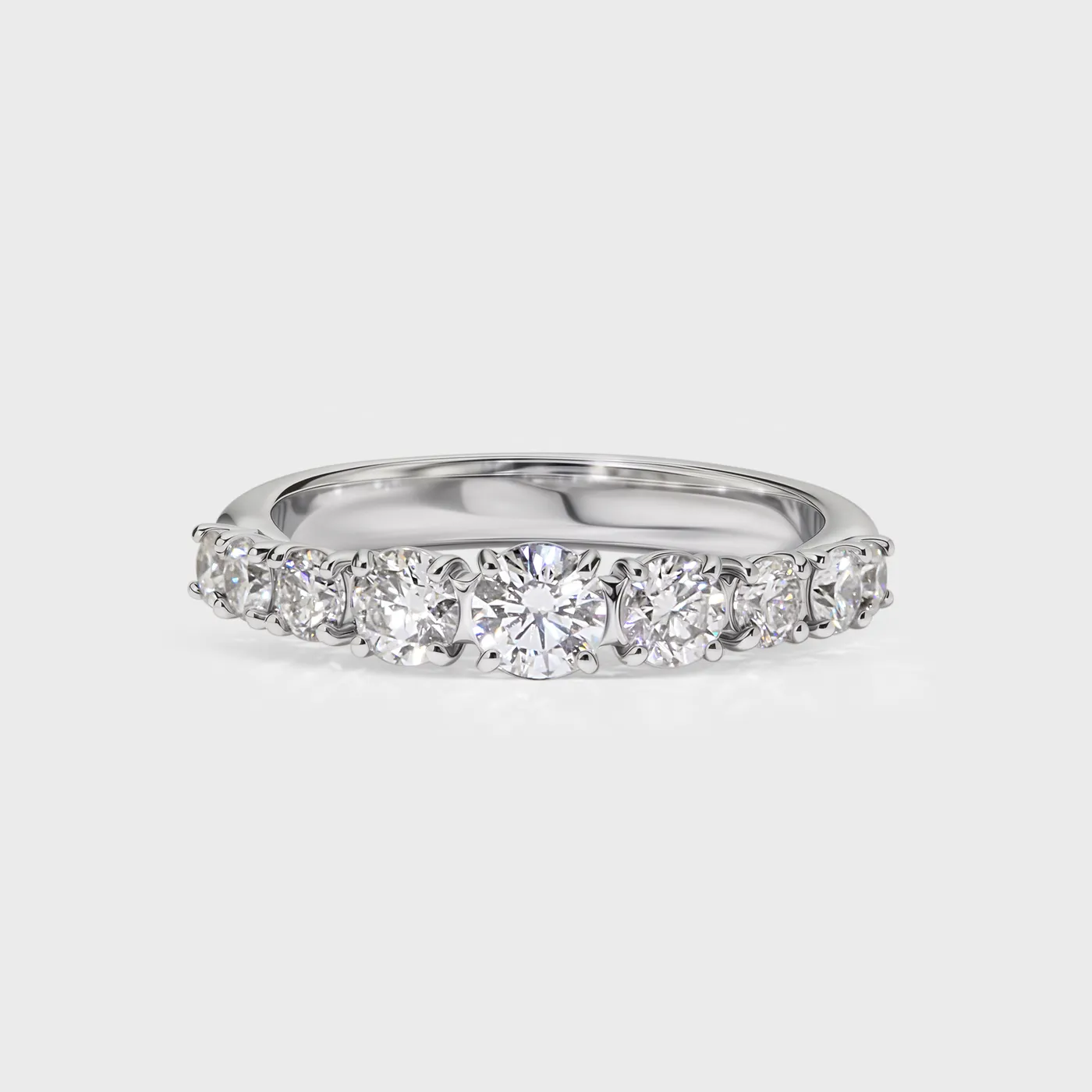 Bourges white gold ring by ValeOro with a line of graduated round diamonds, front view
