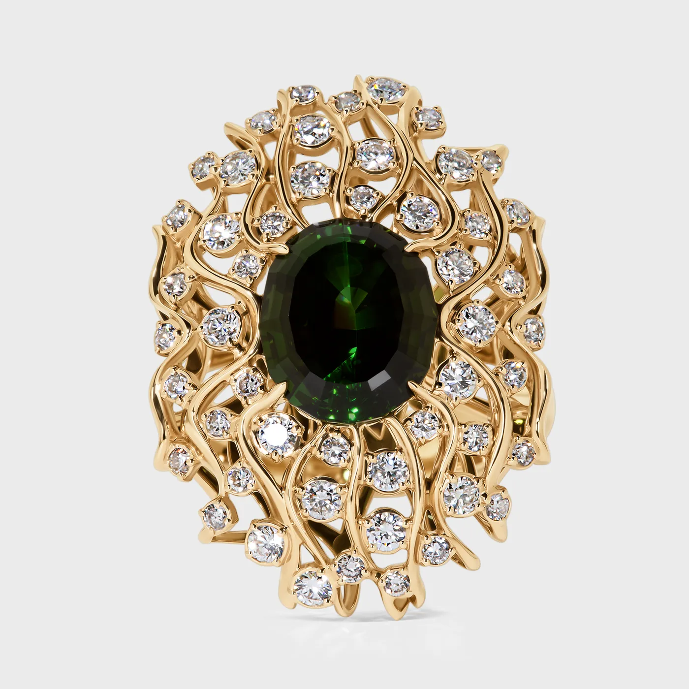 Cadiz yellow gold ring by ValeOro with an oval green tourmaline in an openwork diamond setting, front view