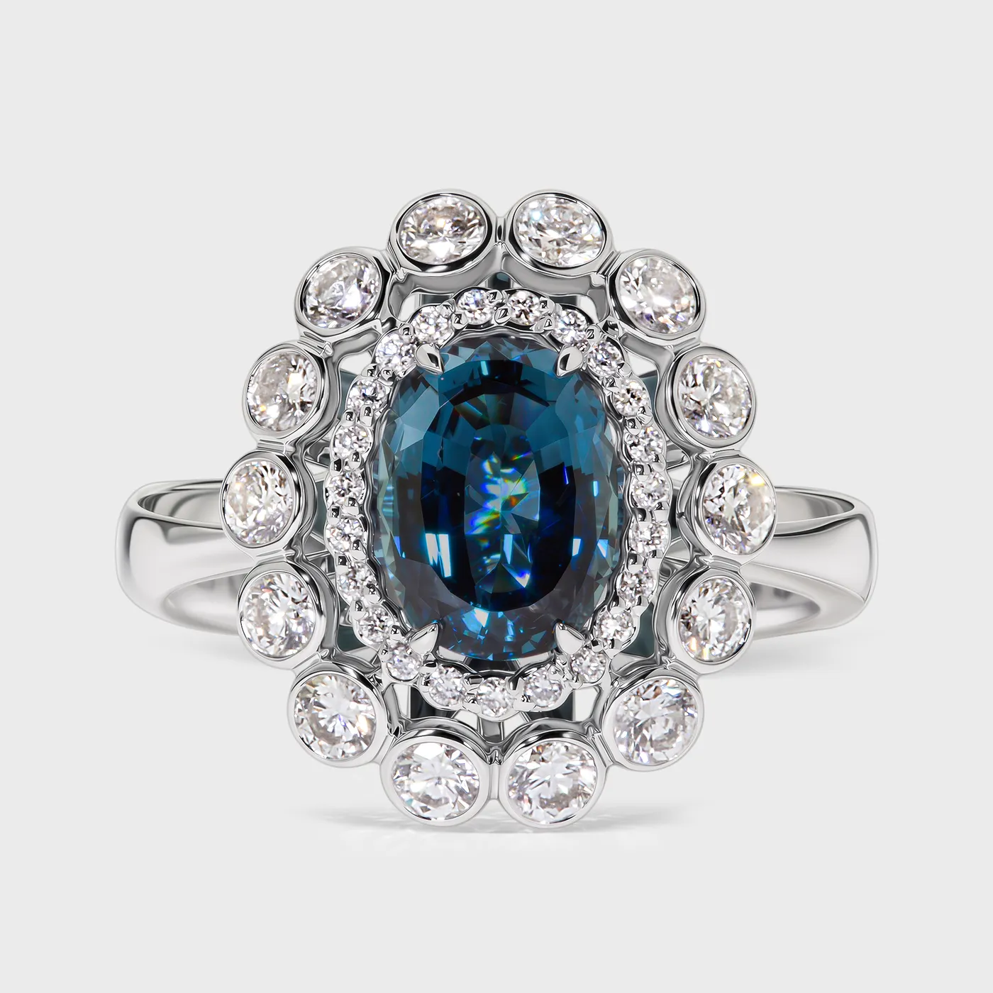 Sea white gold ring by ValeOro with an oval blue-green tourmaline in a double-halo floral diamond setting, front view