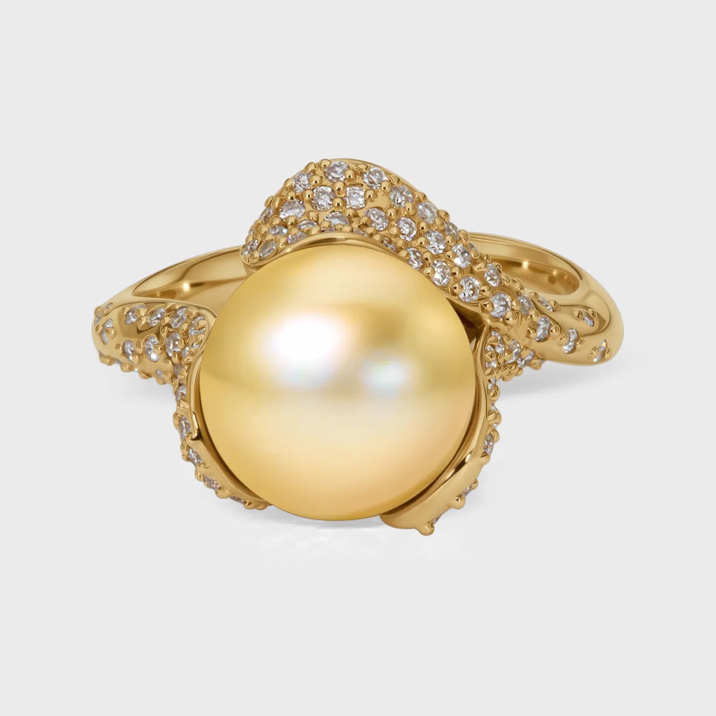 Makemo Yellow gold ring by ValeOro with a large golden pearl wrapped in diamond pavé, front view