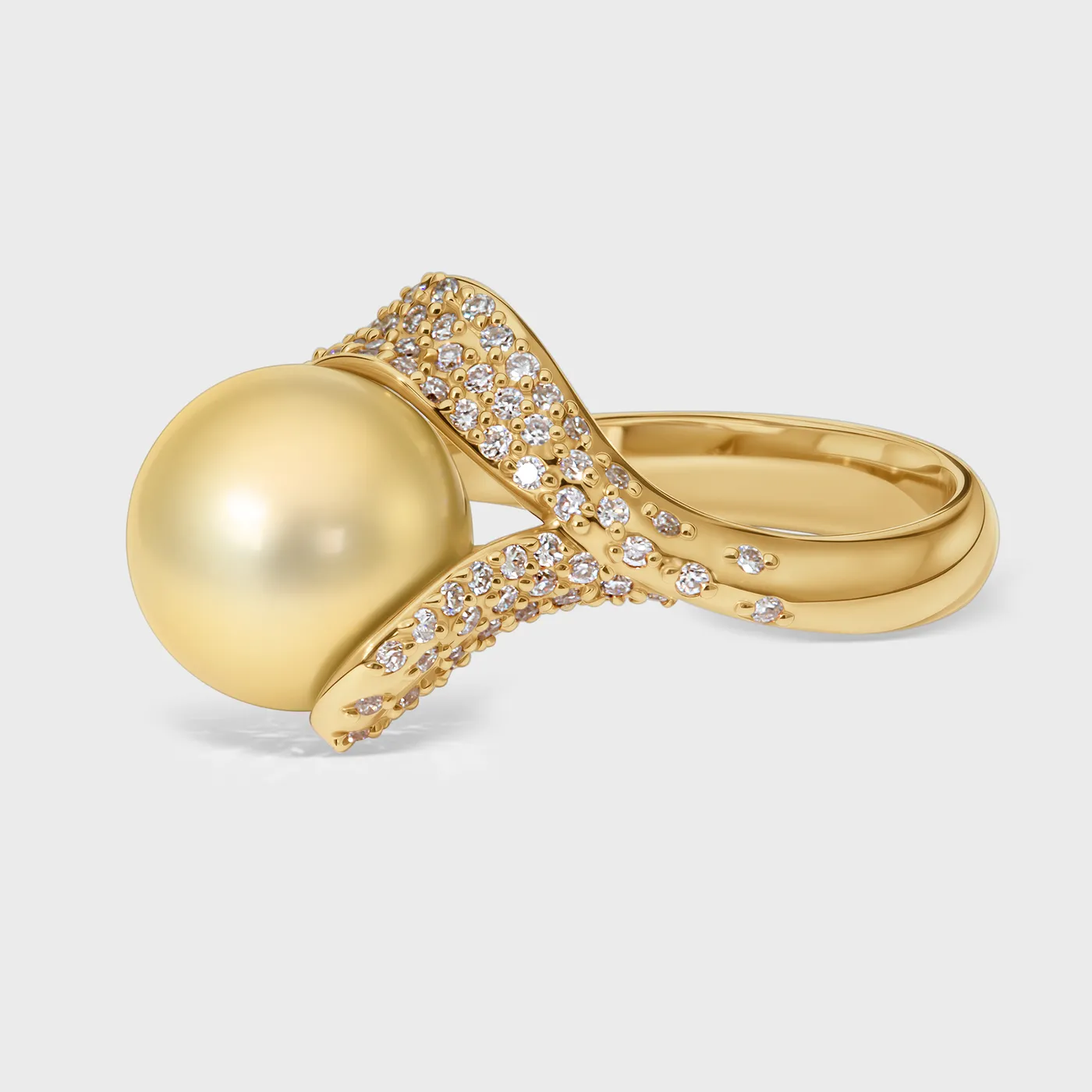 Makemo Yellow gold ring by ValeOro, golden pearl with a twisting diamond pavé band, side view