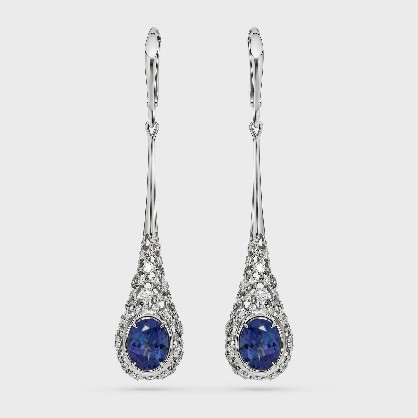 Venezia white gold drop earrings by ValeOro with oval blue-violet tanzanites in teardrop openwork diamond cages, front view