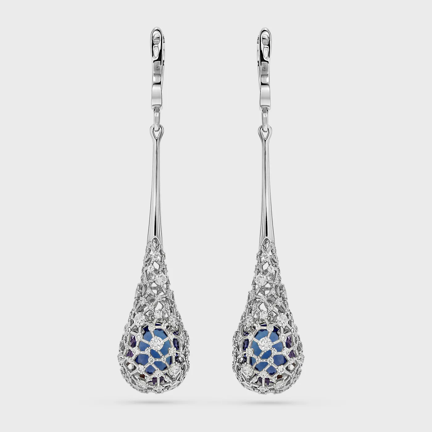 Venezia white gold drop earrings by ValeOro with oval blue-violet tanzanites in openwork teardrop cages, back view