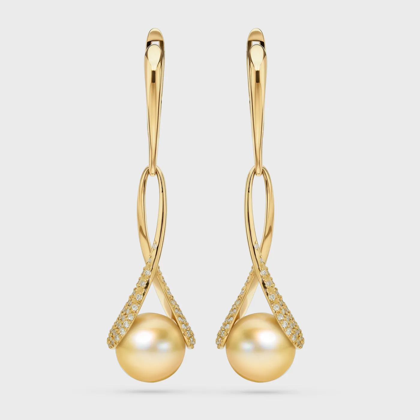 Makemo Yellow gold drop earrings by ValeOro with golden pearls in diamond pavé caps, front view