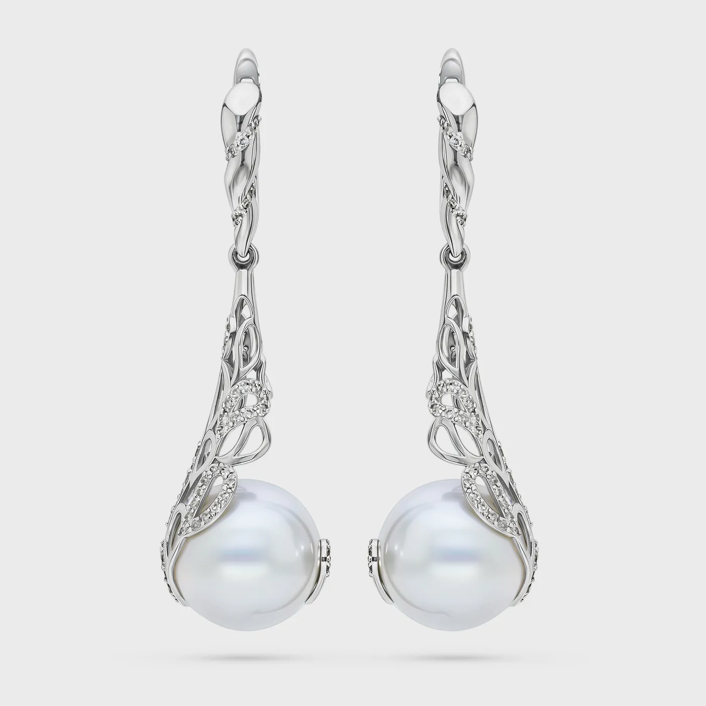 Rangiroa White drop earrings by ValeOro in white gold with round white pearls in openwork diamond settings, front view