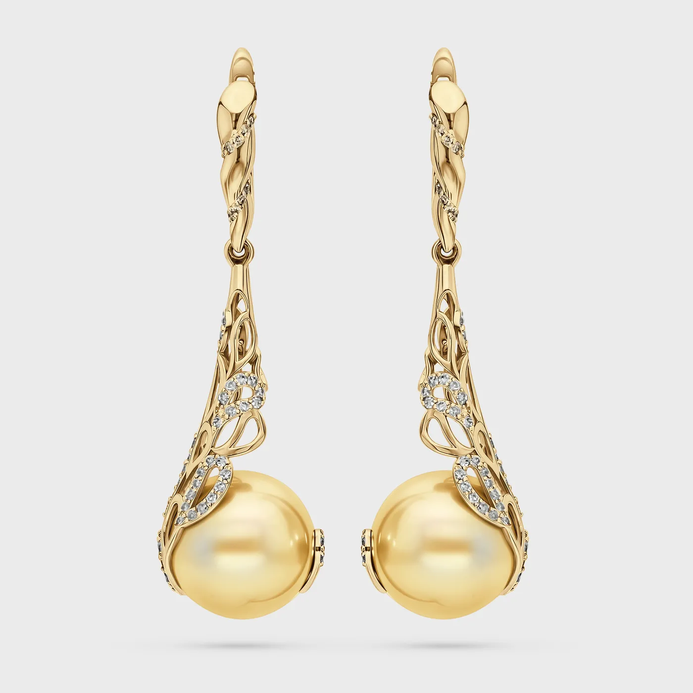 Rangiroa Yellow drop earrings in yellow gold by ValeOro with golden South Sea pearls in openwork diamond settings, front view