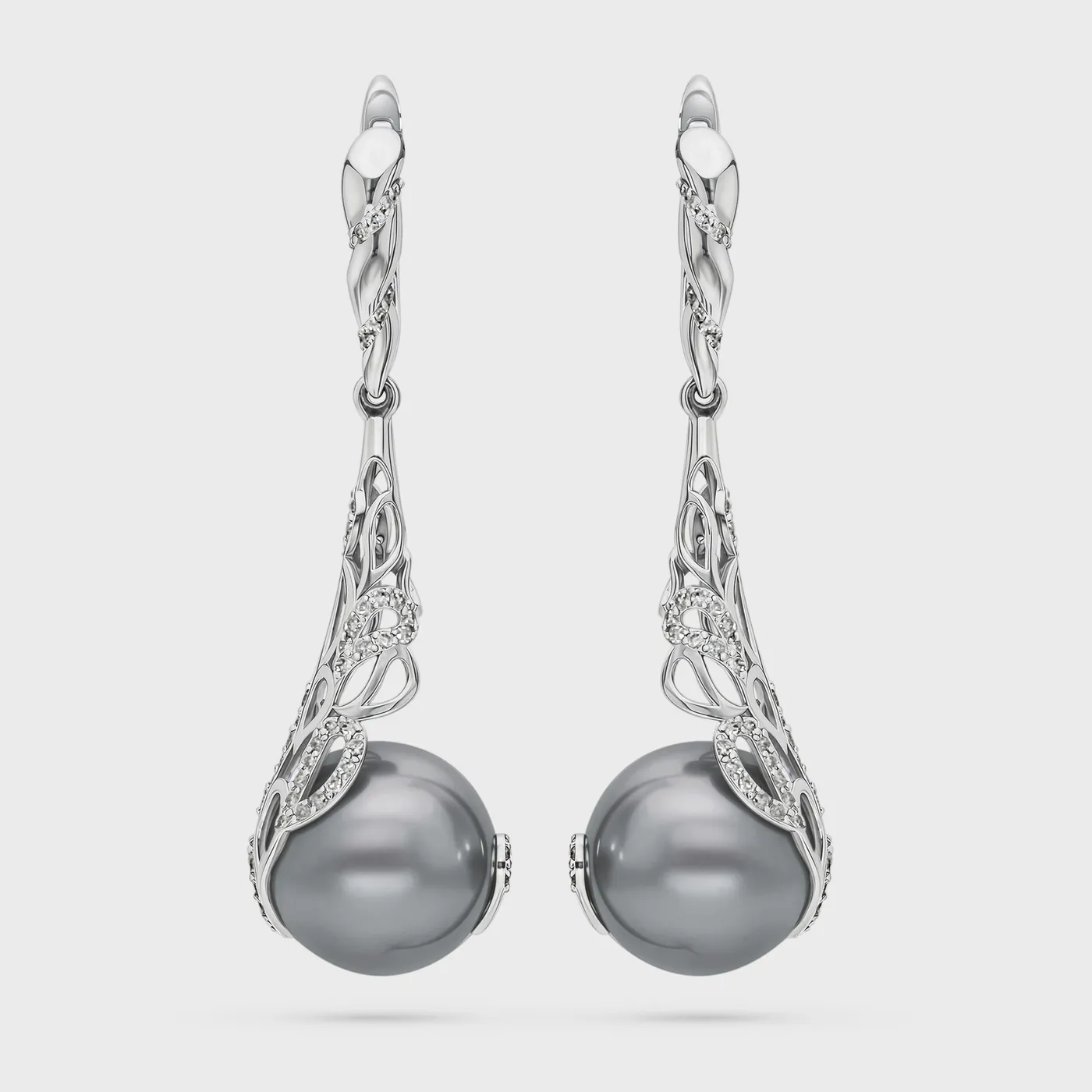 Rangiroa Black white gold drop earrings by ValeOro with grey-black pearls in openwork diamond settings, front view