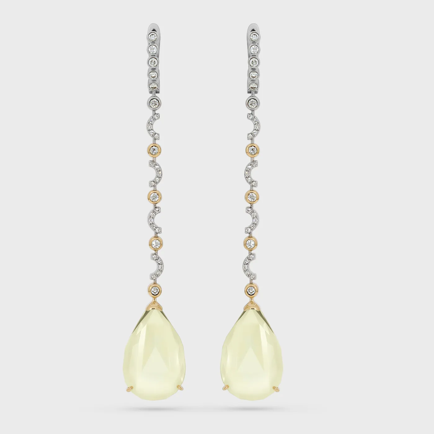 Soldeu white and yellow gold drop earrings by ValeOro with faceted yellow quartz drops on diamond garlands, front view