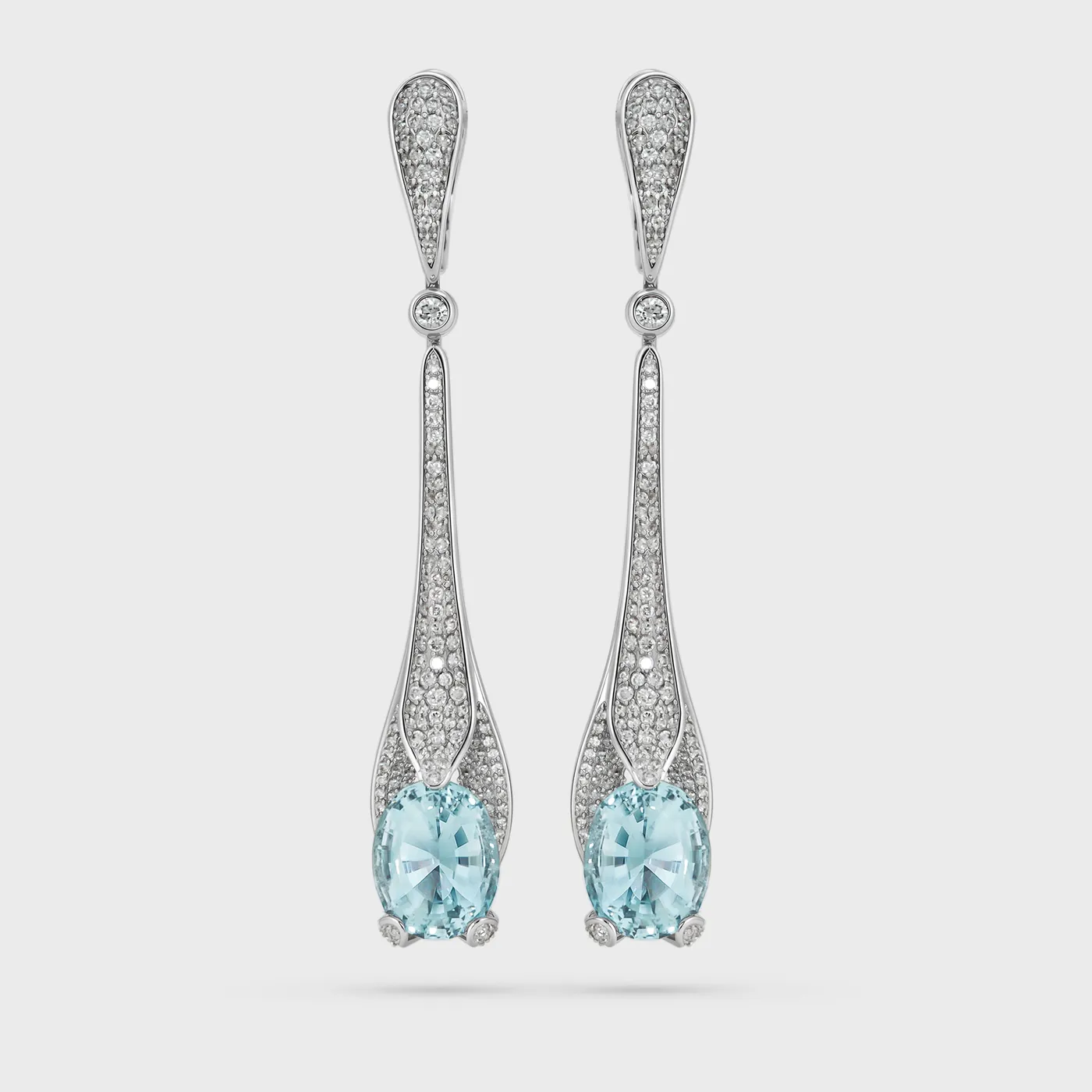Forte dei Marmi white gold drop earrings by ValeOro with oval light-blue aquamarines and pavé diamonds, front view