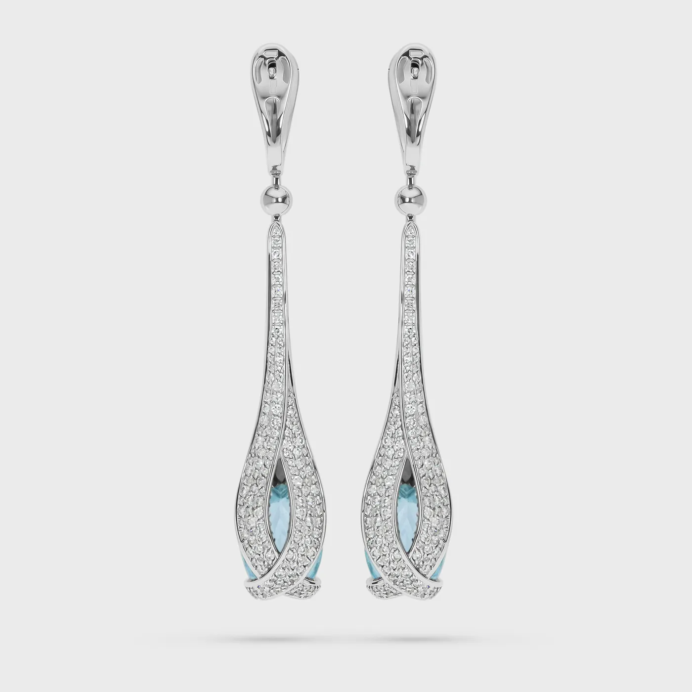Forte dei Marmi white gold drop earrings by ValeOro with pavé diamond drops and aquamarines, back view