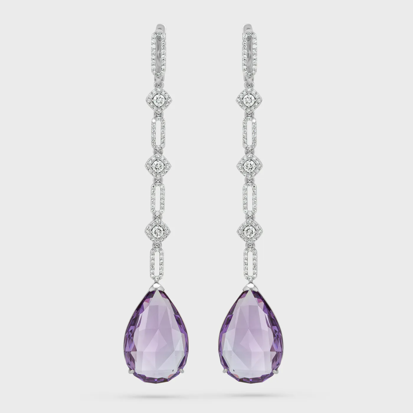 Izmir white gold drop earrings by ValeOro with pear-shaped purple amethysts on diamond-set garland links, front view