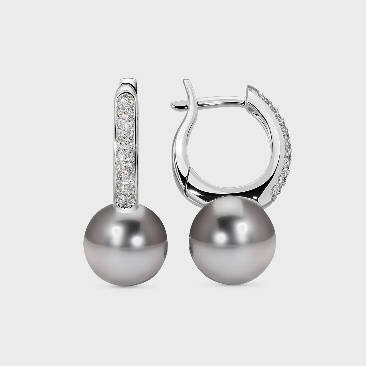 Katiu Black white gold drop earrings by ValeOro with grey pearls and pavé diamond hoops, front view