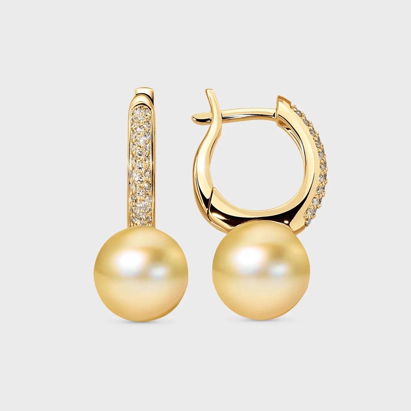 Katiu Yellow earrings by ValeOro in yellow gold with golden pearl drops and pavé diamond hoops, front view