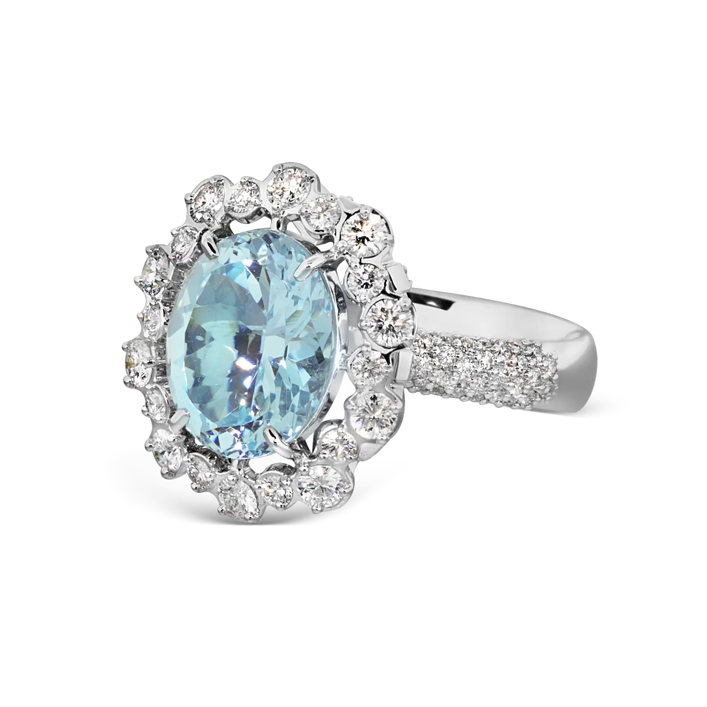 Salema white gold ring by ValeOro with a light-blue aquamarine in a diamond halo and pavé band, three-quarter view