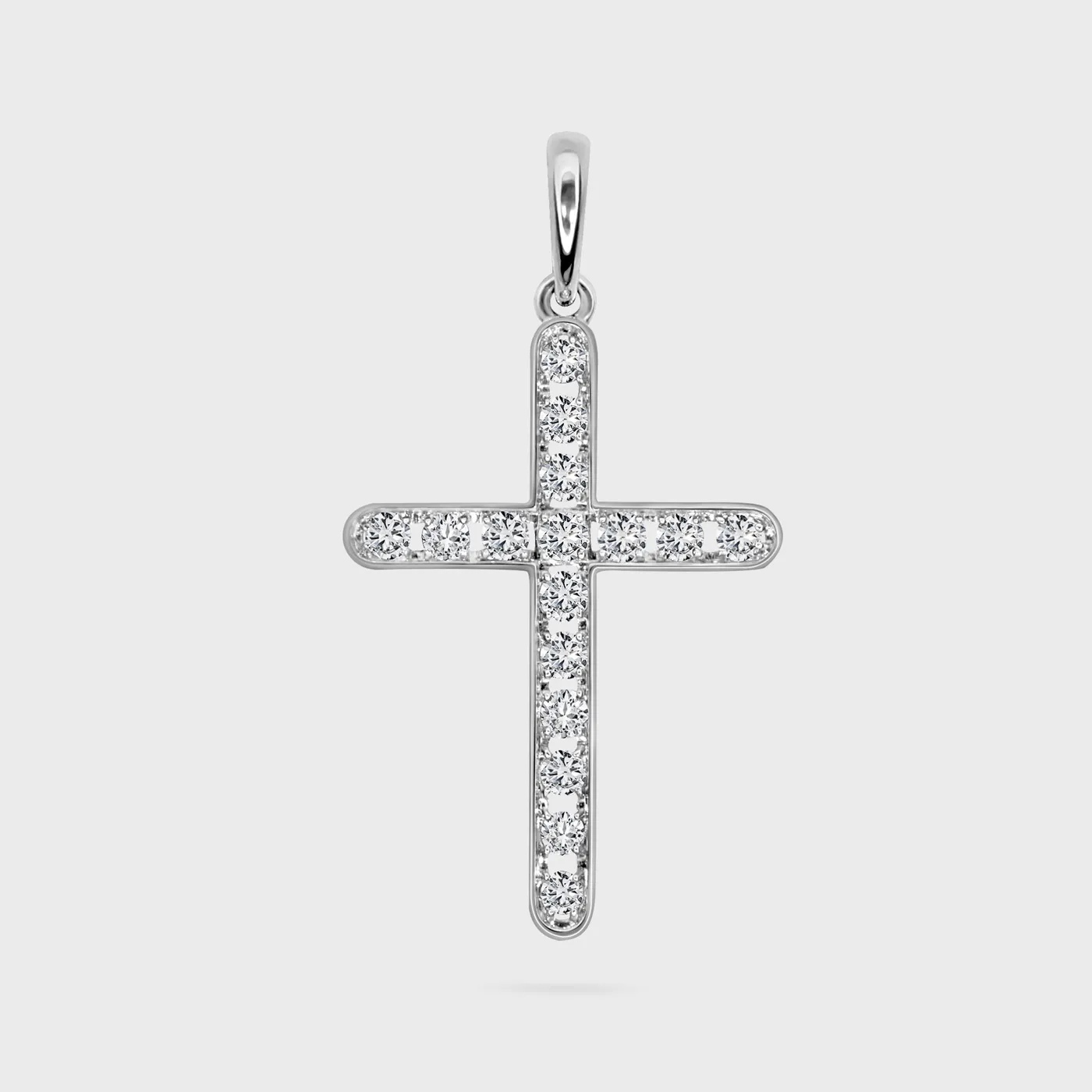 Chikalov white gold cross pendant by ValeOro with a line of round diamonds along both arms, front view