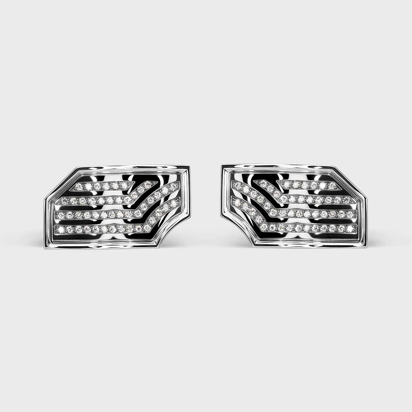 Chikalov white gold cufflinks by ValeOro with curved diamond lines on black rhodium, front view
