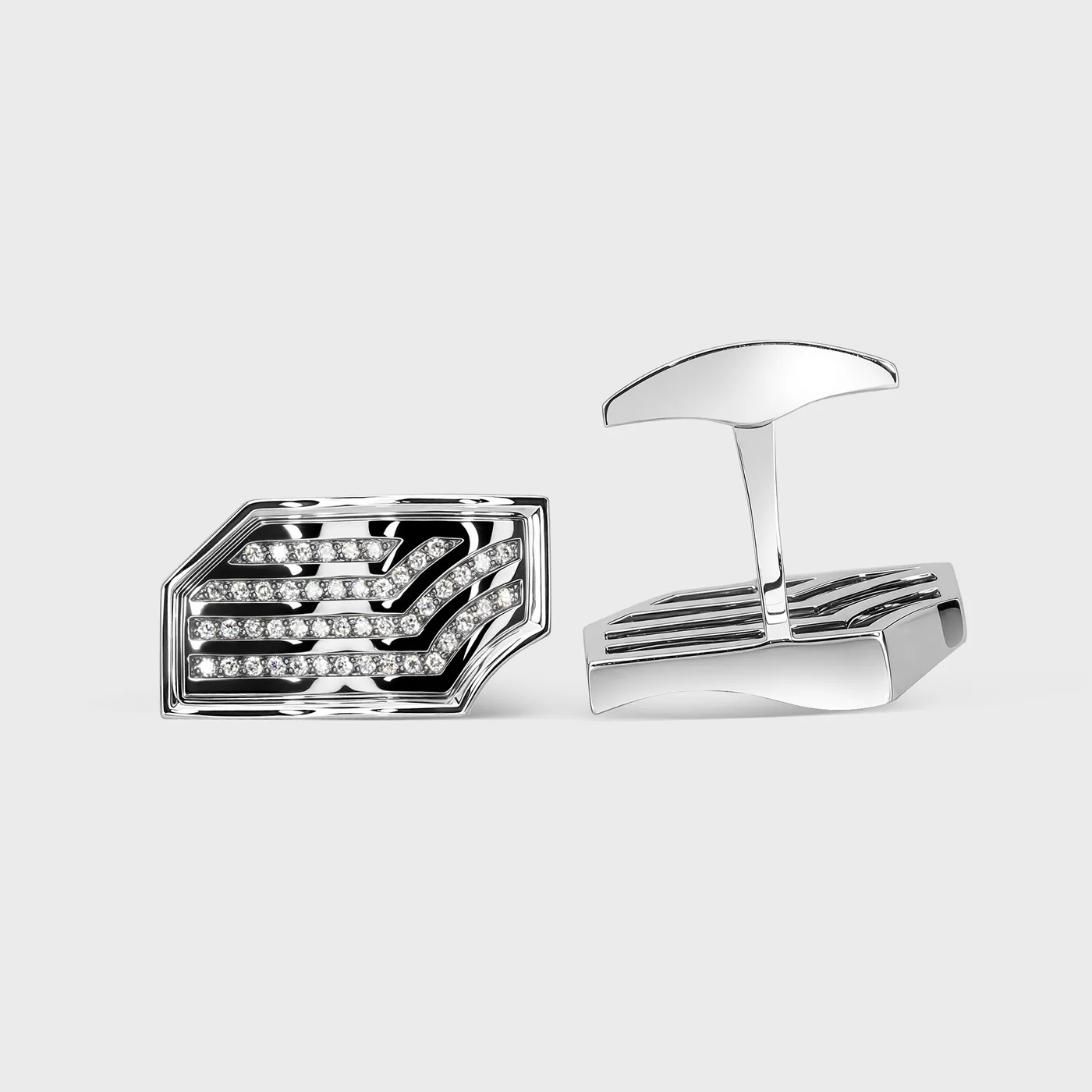 Chikalov white gold cufflink by ValeOro with diamond lines and T-bar closure, side view