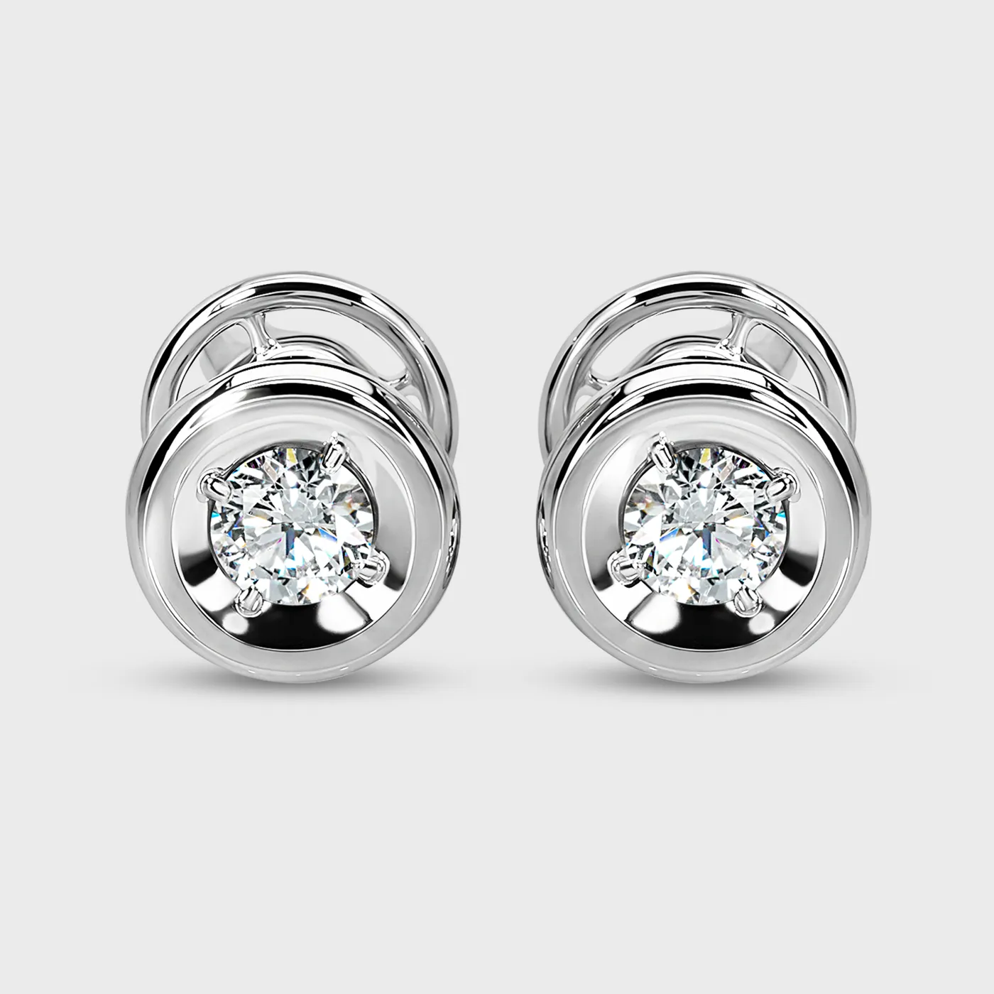 Heart white gold stud earrings by ValeOro with round diamonds in polished mirror settings, front view