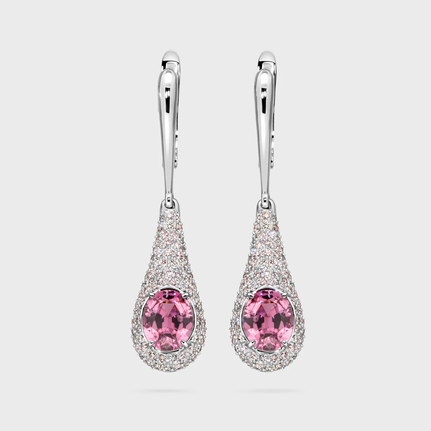 Cabo da Roca white gold earrings by ValeOro with oval pink spinels framed by pink diamond pavé, front view