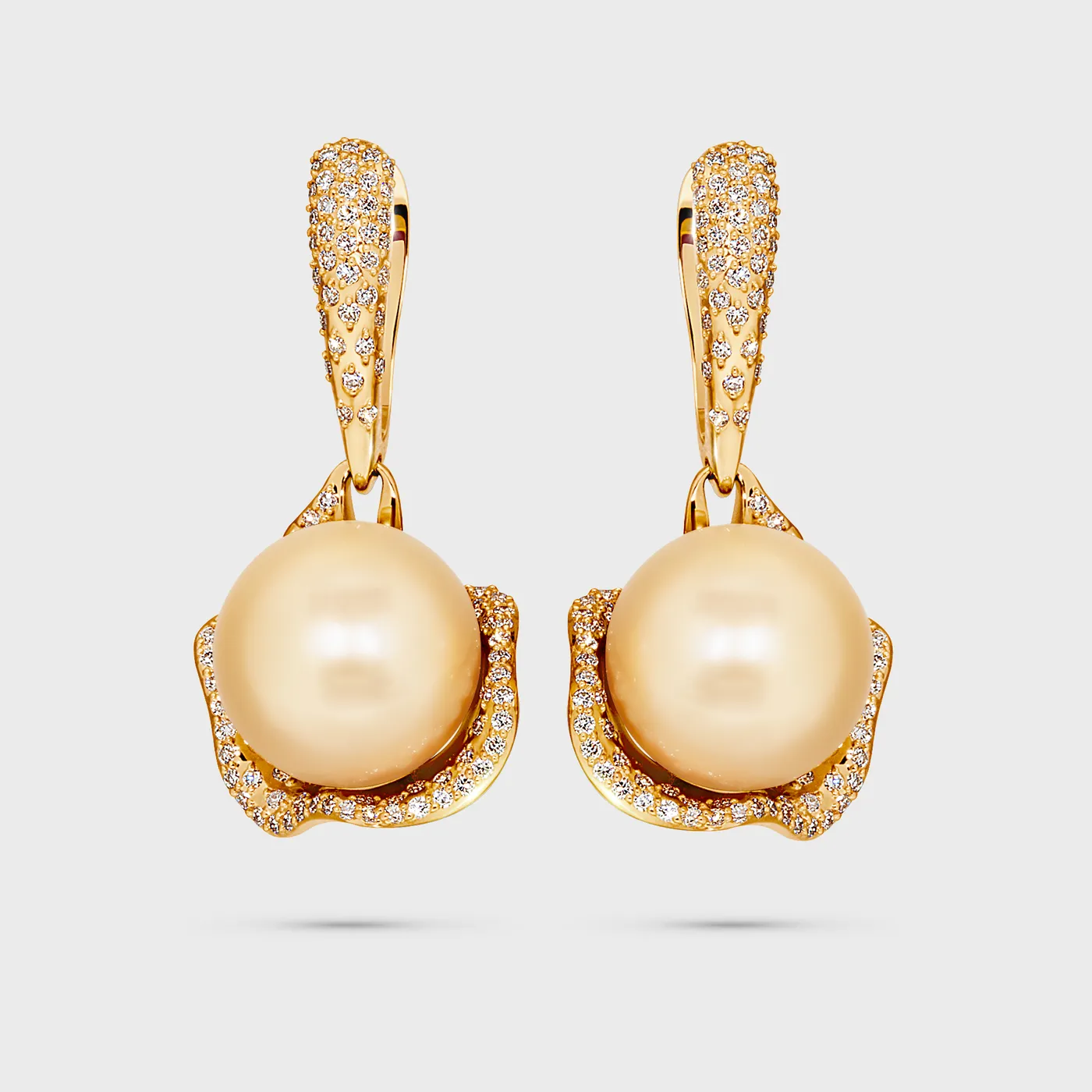 Tahiti Yellow earrings in yellow gold by ValeOro with golden South Sea pearls in shell-shaped diamond settings, front view