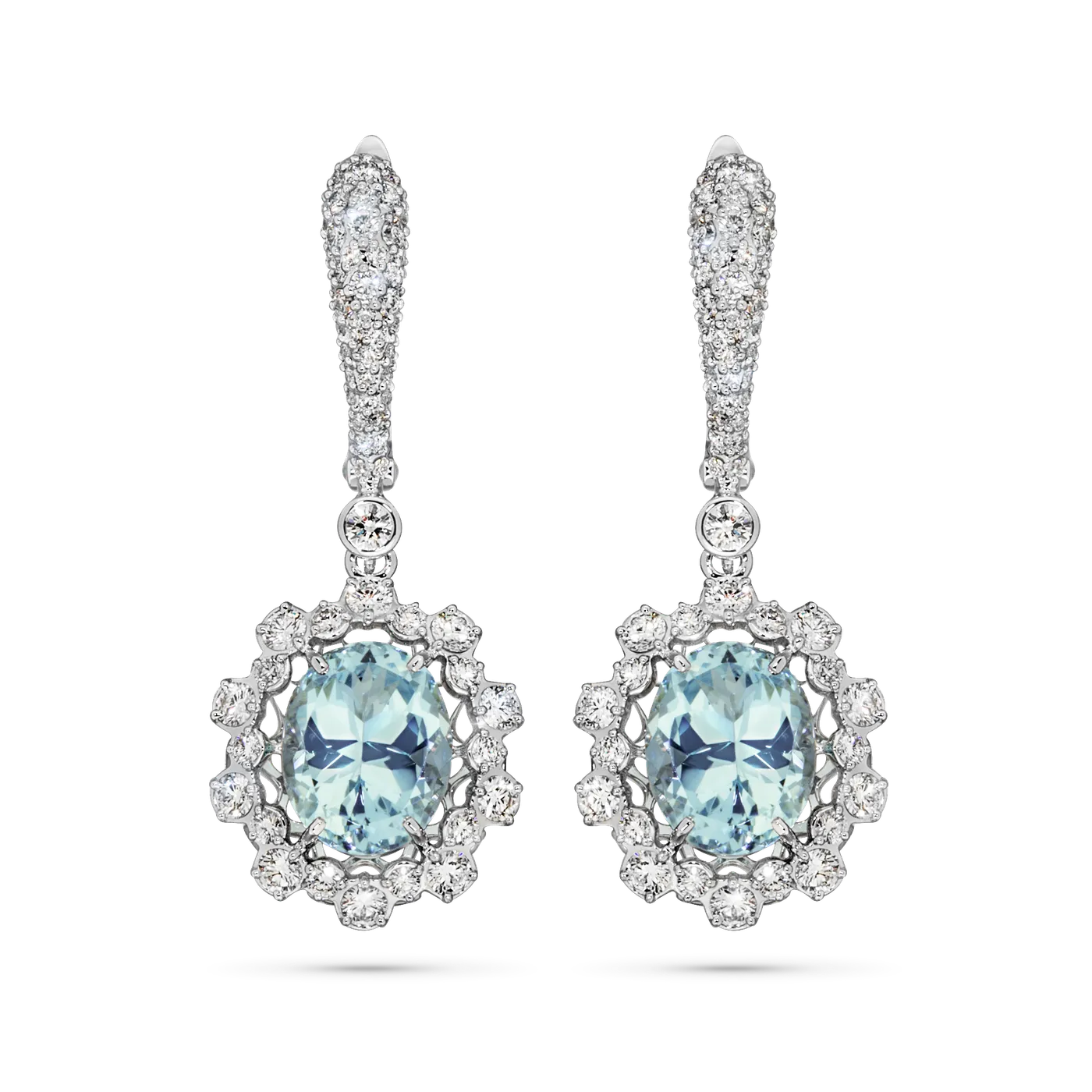 Salema white gold earrings by ValeOro with oval light blue aquamarines framed by diamonds, front view
