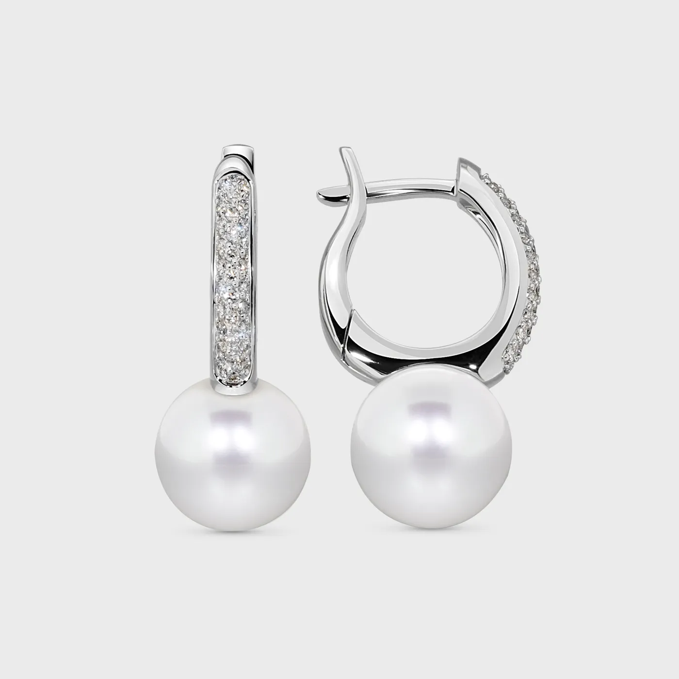 Katiu White white gold hoop earrings by ValeOro with diamond pavé and round pearl drops, front and side view