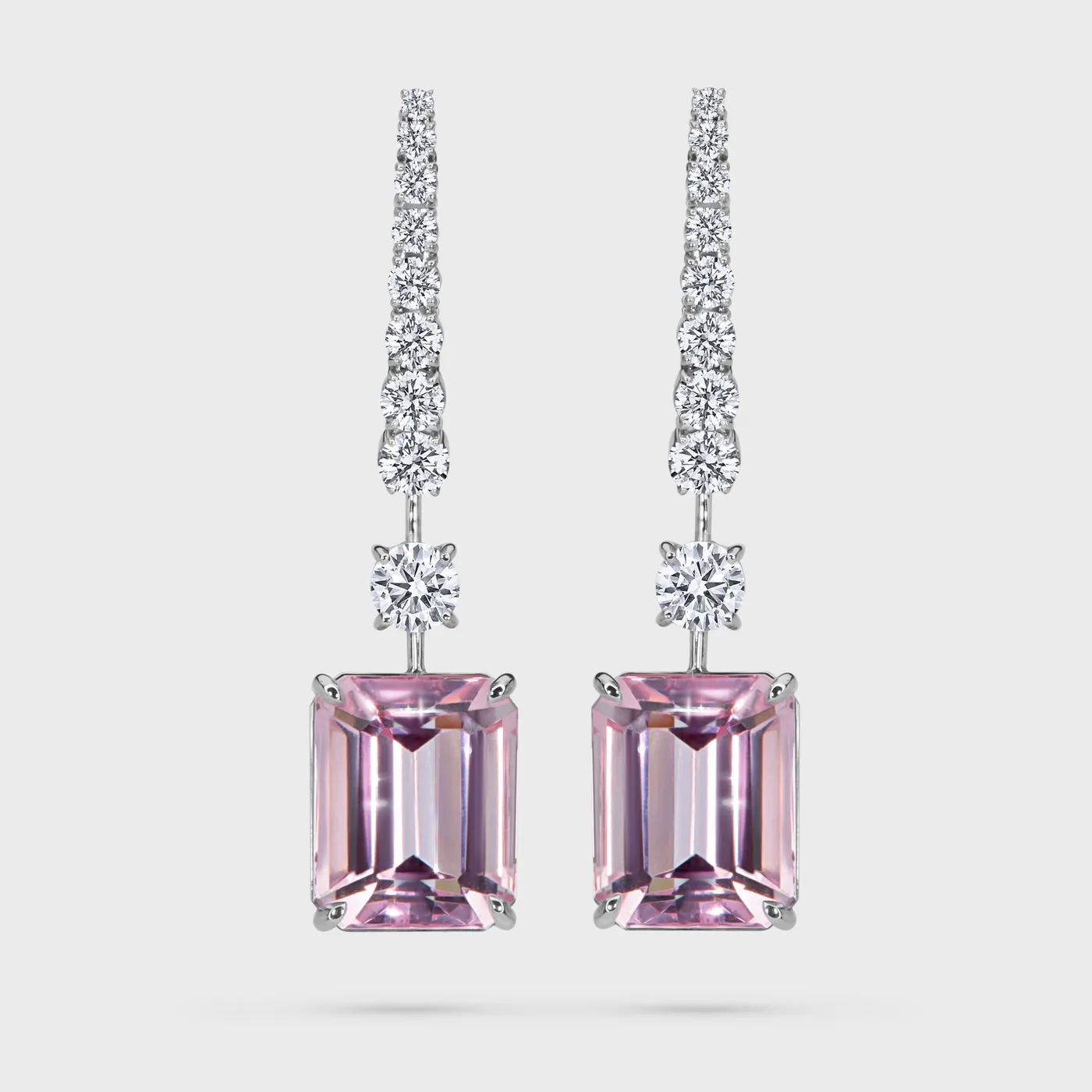 Sorteny white gold drop earrings by ValeOro with emerald-cut pink morganites and a line of diamonds, front view