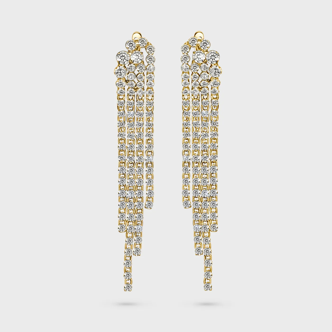 Yellow Luxury yellow gold earrings by ValeOro with cascading strands of round diamonds, front view