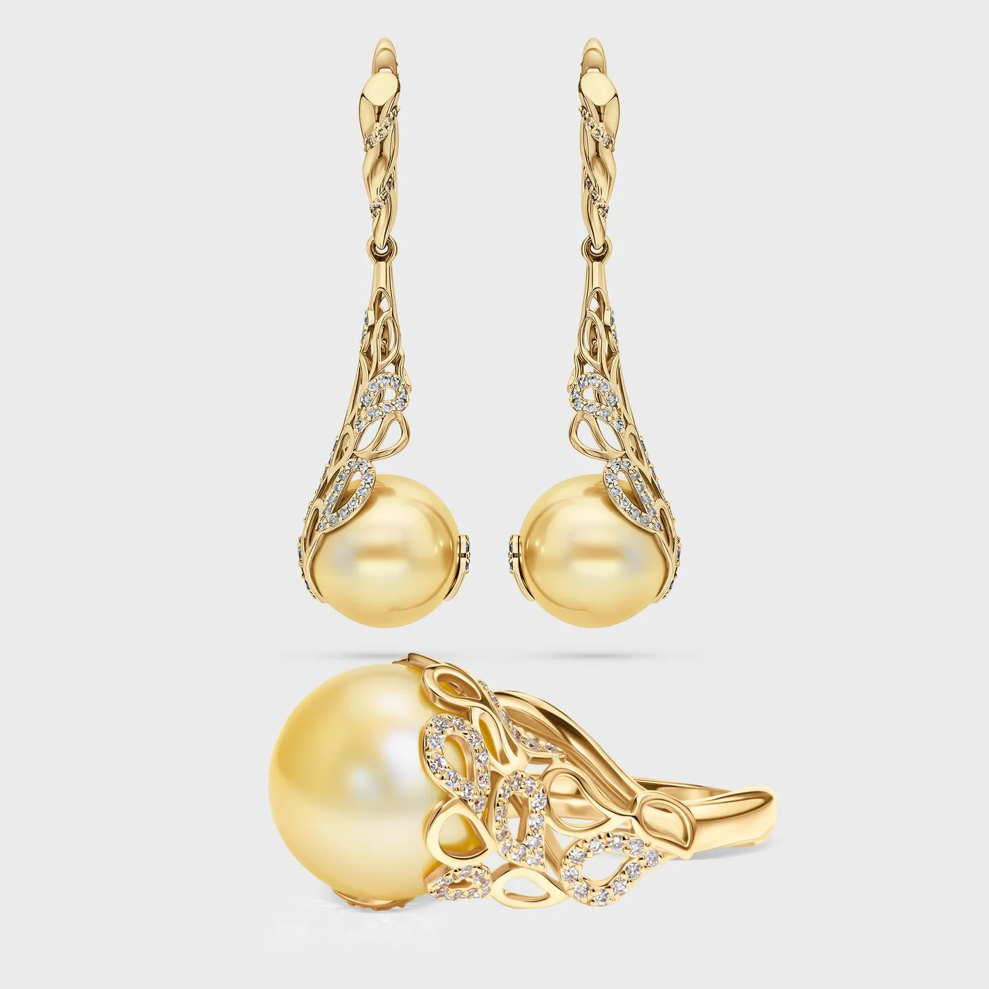 Rangiroa Yellow jewelry set in yellow gold by ValeOro with golden South Sea pearls in openwork diamond settings, front view