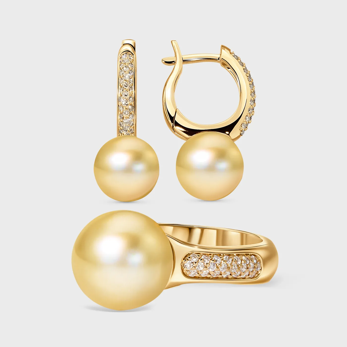 Katiu Yellow set by ValeOro in yellow gold with golden pearls and pavé diamonds, ring and hoop earrings, front view