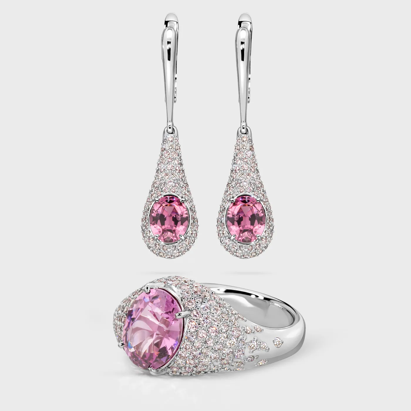 Cabo da Roca white gold set by ValeOro with oval pink spinels framed by pavé diamonds, full set view