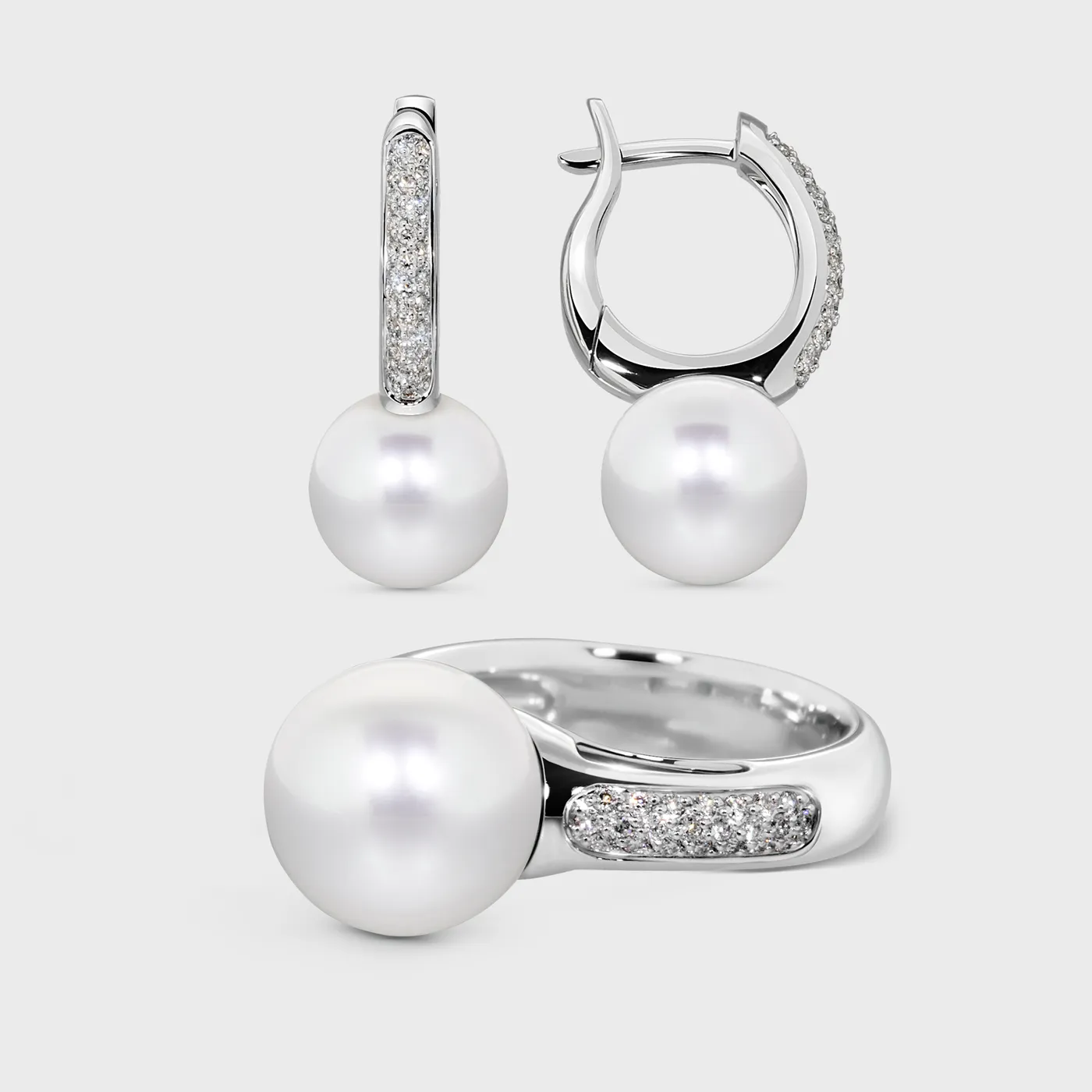 Katiu White pearl set in white gold by ValeOro, hoop earrings and ring with white pearls and diamond pavé, full view