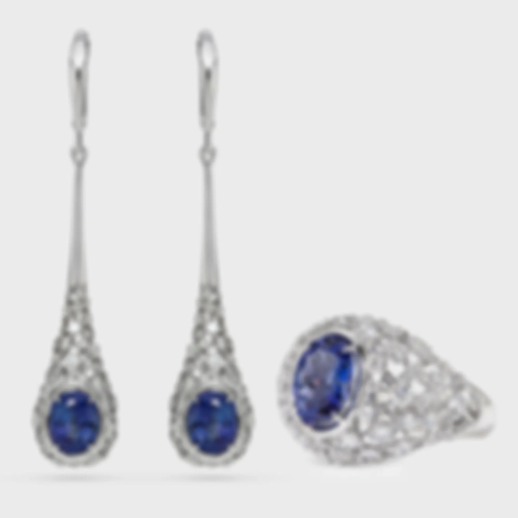 Venezia white gold set by ValeOro with oval blue-violet tanzanites in openwork diamond settings, earrings and ring