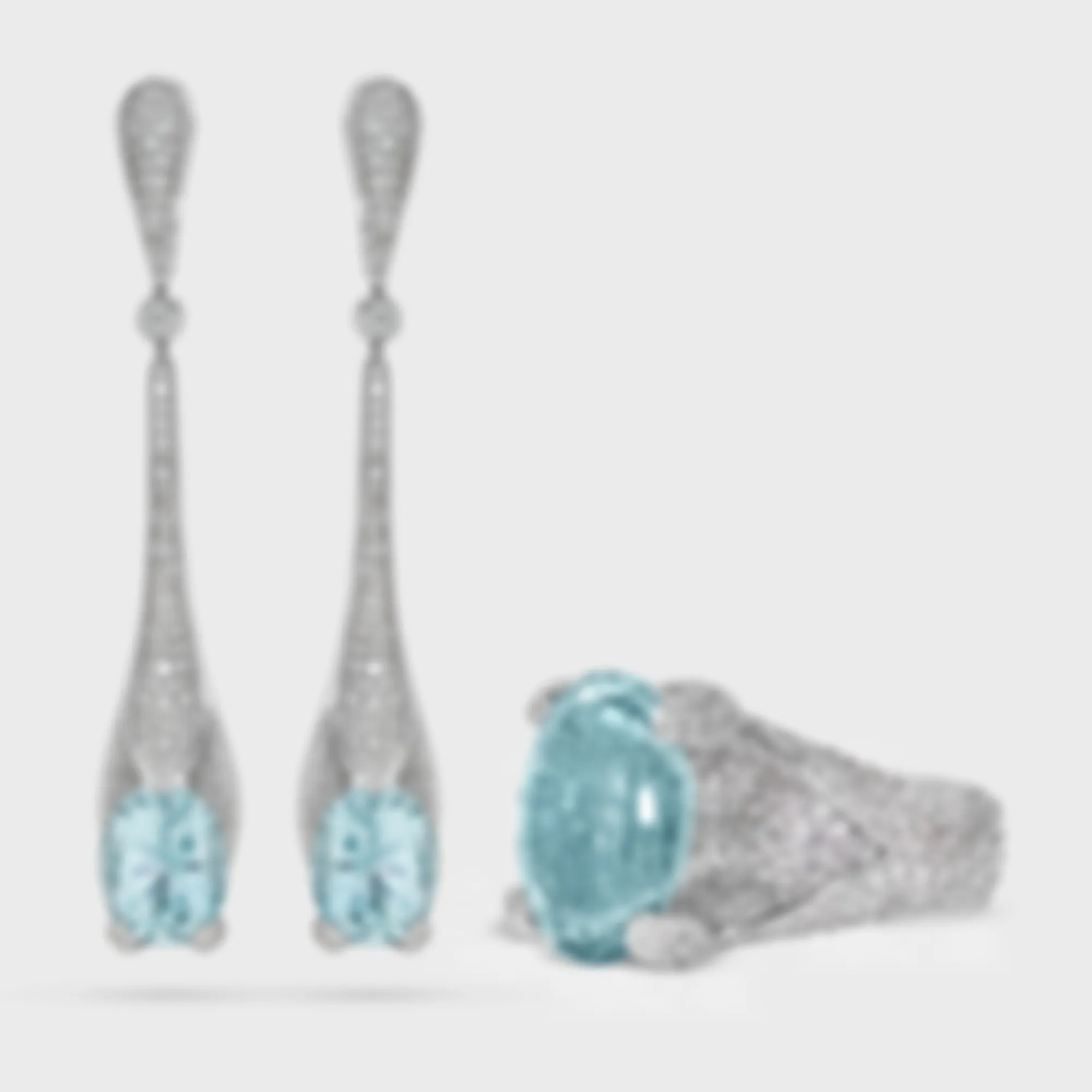 Forte dei Marmi white gold jewelry set by ValeOro with oval light-blue aquamarines and pavé diamonds, front view