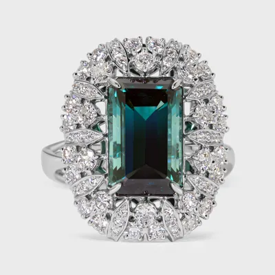 Cinquale white gold ring by ValeOro with an emerald-cut blue-green tourmaline framed by an openwork diamond halo, front view