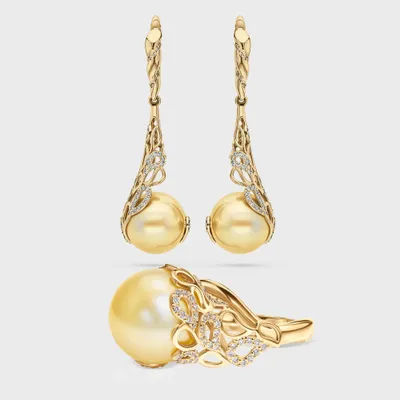 Rangiroa Yellow jewelry set in yellow gold by ValeOro with golden South Sea pearls in openwork diamond settings, front view