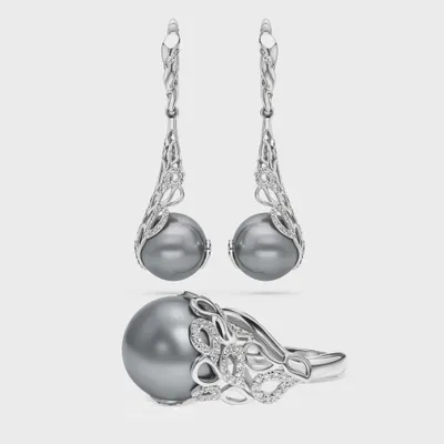 Rangiroa Black white gold jewelry set by ValeOro with grey-black pearls in openwork diamond settings, earrings and ring
