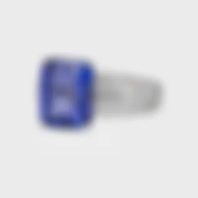 Sorteny Tanzanite white gold ring by ValeOro with an emerald-cut tanzanite on a diamond-paved band, side view
