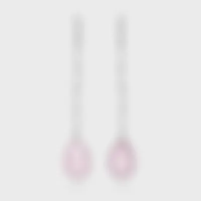 Soldeu white gold earrings by ValeOro with pear-shaped rose quartz drops and a line of bezel-set diamonds, front view