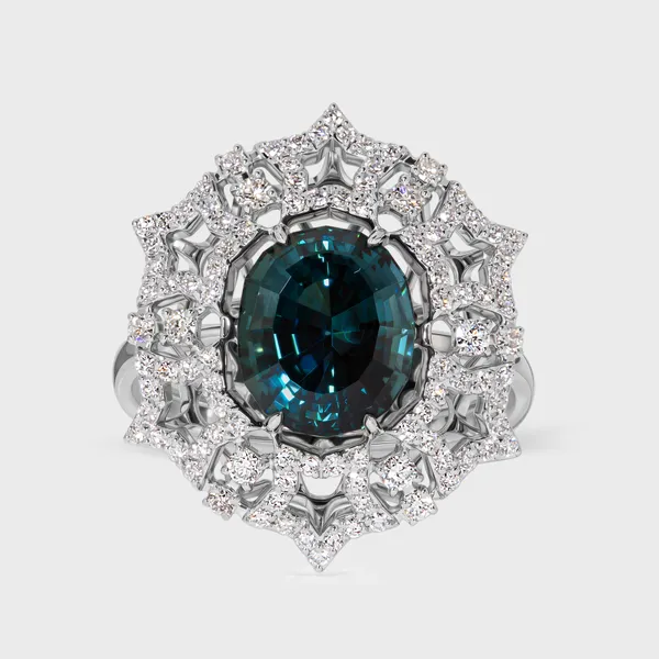 Gemstones Star white gold ring by ValeOro with an oval blue-green tourmaline in a star-shaped diamond halo, front view