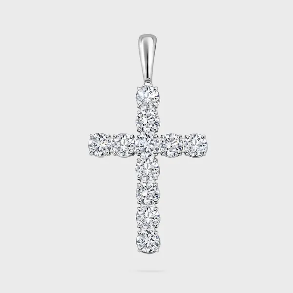 Gloss white gold cross by ValeOro with large round diamonds in open prong settings, front view