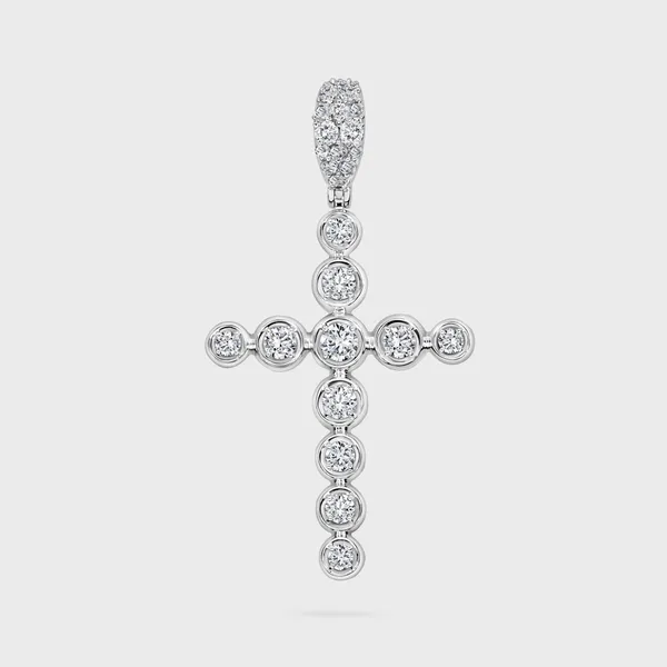 Clover white gold cross by ValeOro with diamonds in mirror-finish bezel settings, front view