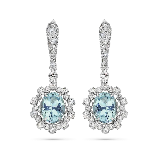 Salema white gold earrings by ValeOro with oval light blue aquamarines framed by diamonds, front view