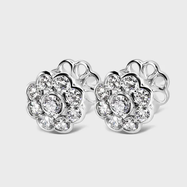 Amaryllis white gold diamond stud earrings by ValeOro in a floral cluster design, three-quarter view