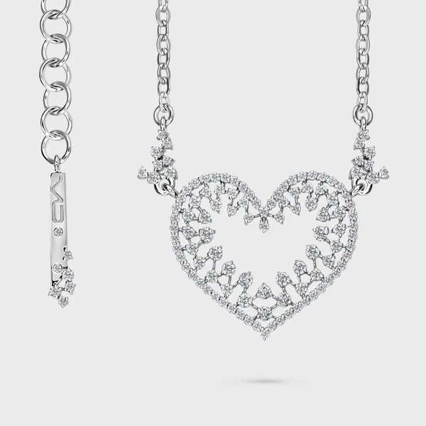 Cor white gold necklace by ValeOro with an openwork diamond heart and branch-like diamond accents, front view